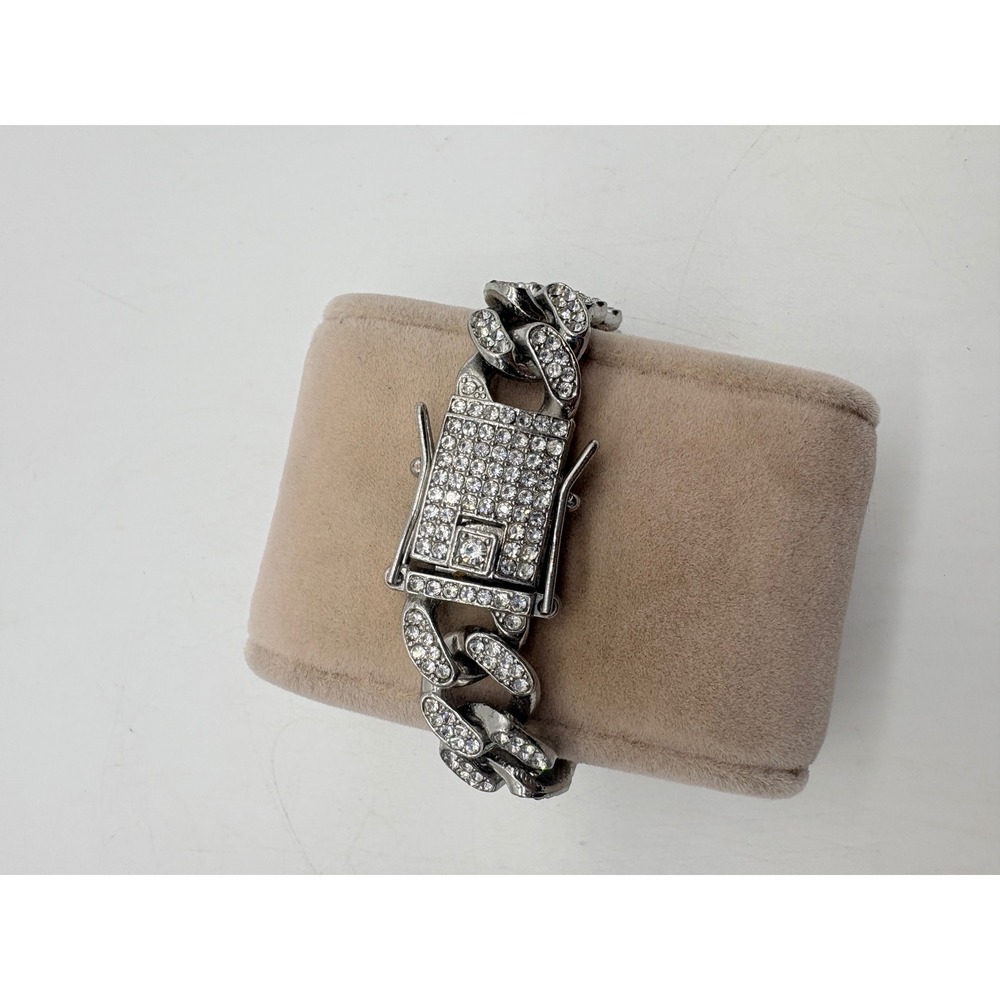 Silver Tone Iced Out Link Bracelet Rhinestone Miami Curb Chain 7.25 Inch
